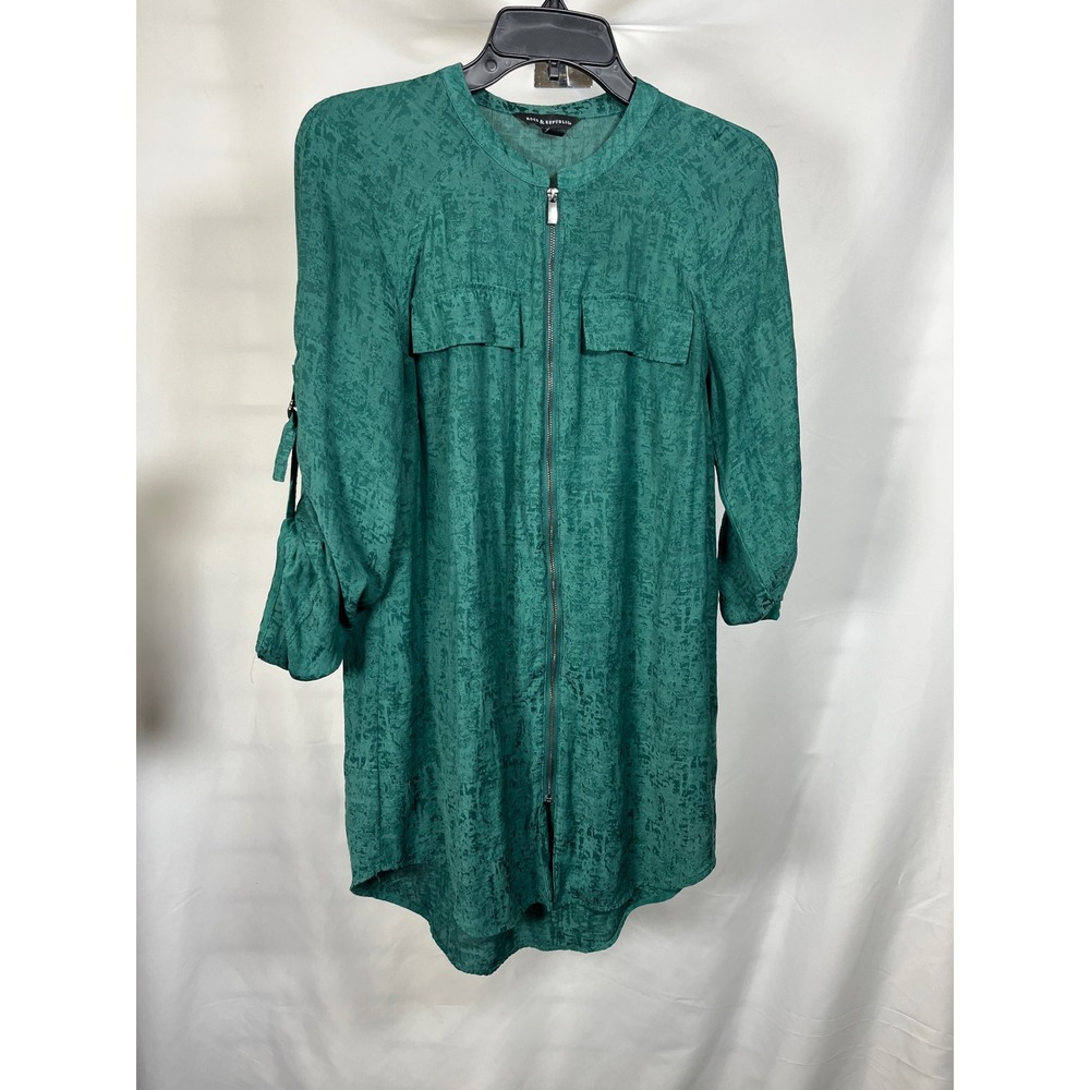 Rock & Republic Emerald Green ZipFrontRoll Tab Sleeve Tunic Blouse Womens Medium
